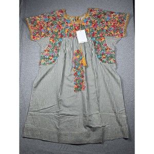 SISTER MARY Stripe MARYLOU Embroidered Floral Dress Medium‎ boho hippie